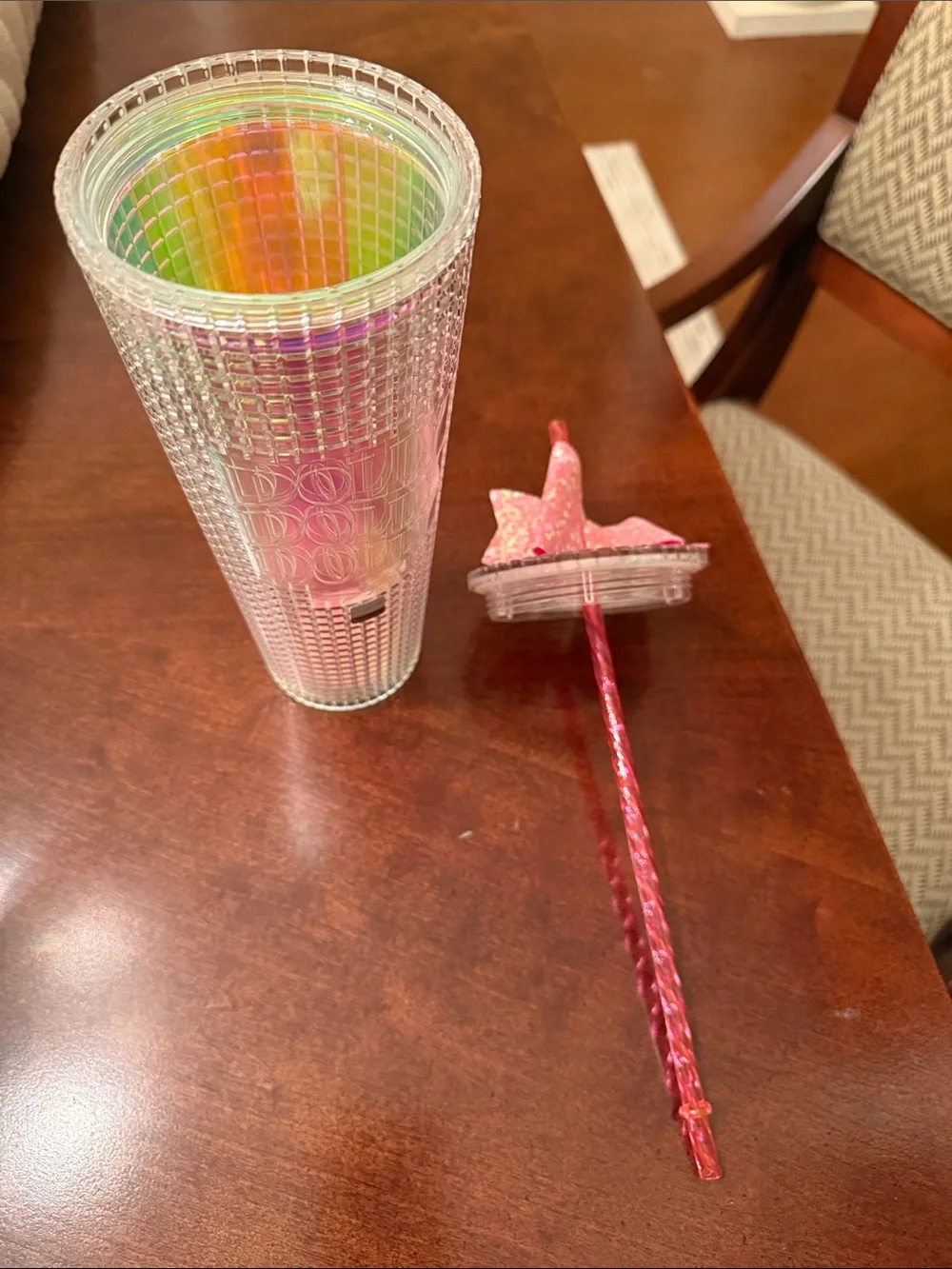 Dolly Dollcake Iridescent Pink Sequin Bow Travel Tumbler with Straw